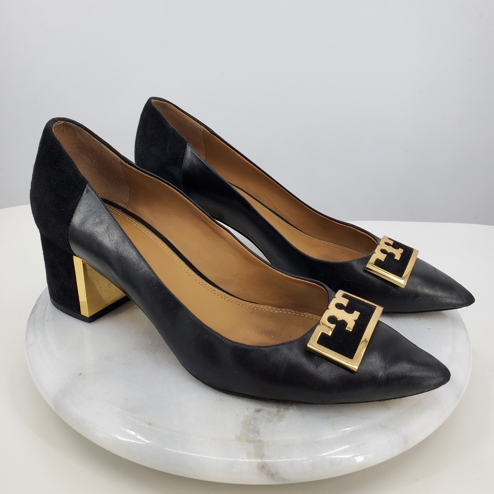 Tory Burch Gigi Black Leather Suede Pointed Block Heel Logo Pumps 8M Formal Lux